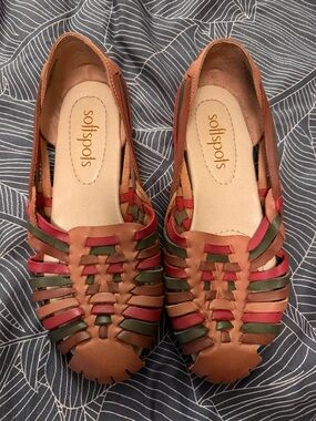 Softspots Brown Leather Woven Mules with Red & Green Straps